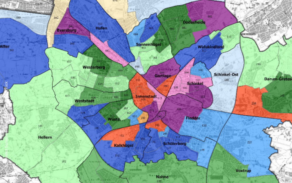 Karte von Osnabrück mit farbigen Markierungen